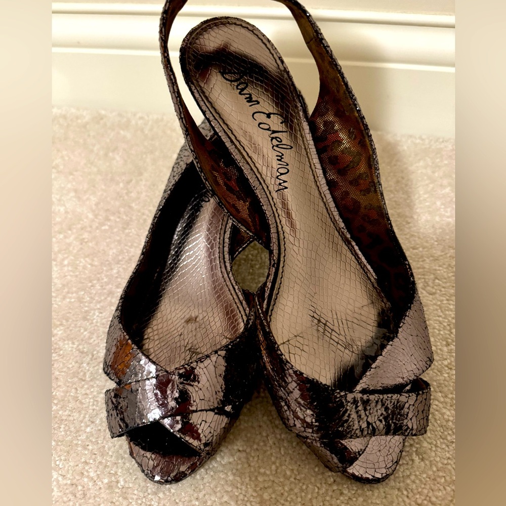 Sam Edelman sling back 2” kitten heel metallic pewter snake python, size 9